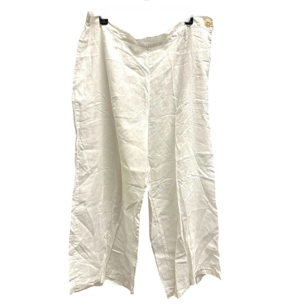 Flax 100% Linen Wide Leg White Elastic Waist Side Button Pants Lagenlook Size M